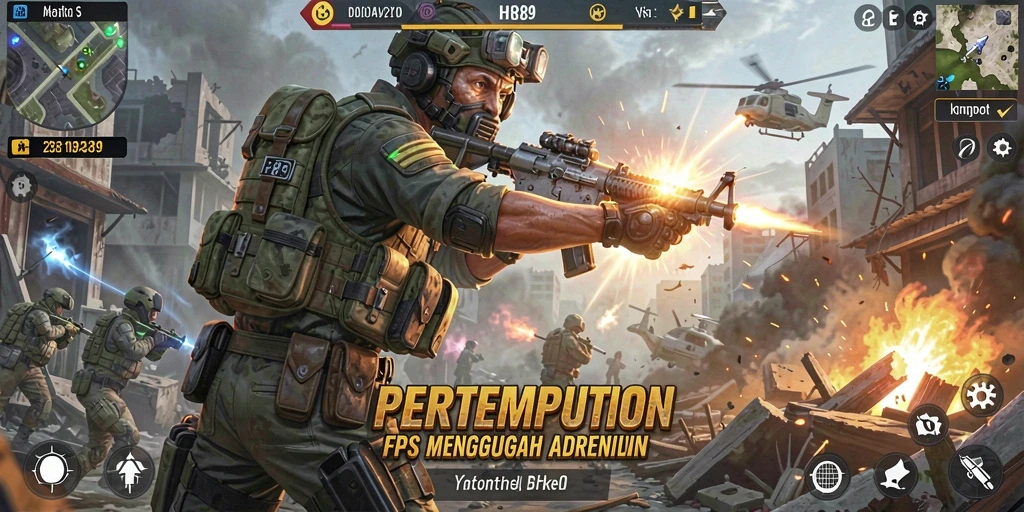 Tangkapan layar dari gameplay seru HR89 menunjukkan aksi pertempuran FPS.