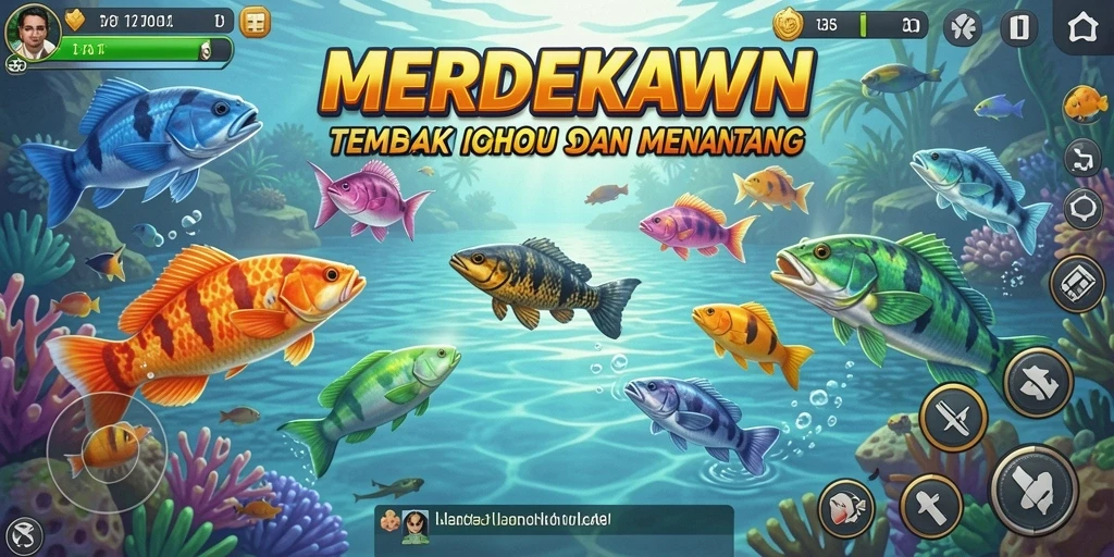 Gameplay MERDEKAWIN yang menegangkan dan seru dengan banyak ikan untuk ditembak.