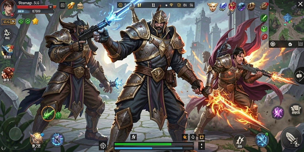 Screenshot menunjukkan pertarungan epik dalam gameplay SLG RR789.